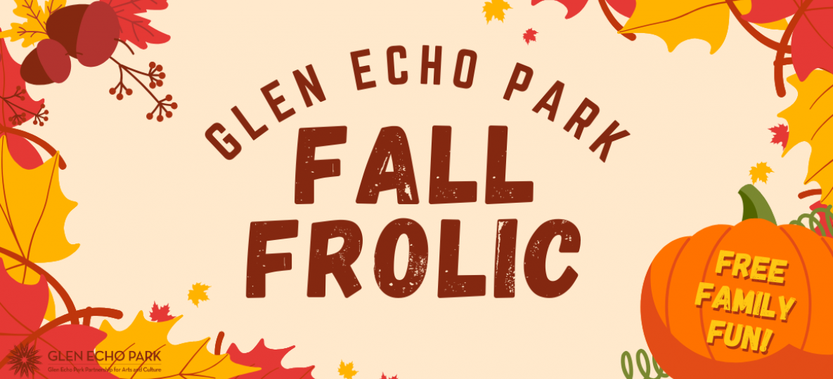 Fall frolic graphic showing fall leaves and a pumpkin
