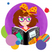 cartoon of brunette girl with big orange hair bow and pink glasses reading a composition notebook