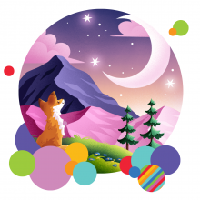 cartoon fox looking at moon over purple mountains
