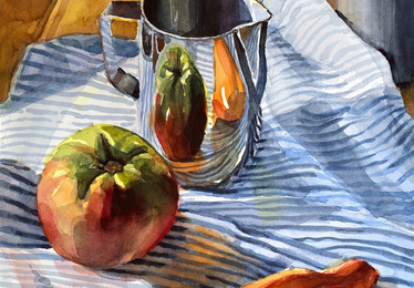 painting of fruit and a pitcher of liquid on a blue and white striped tablecloth