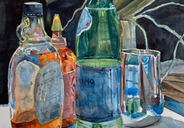 painting of a collection of various bottles and containers of liquids on a table
