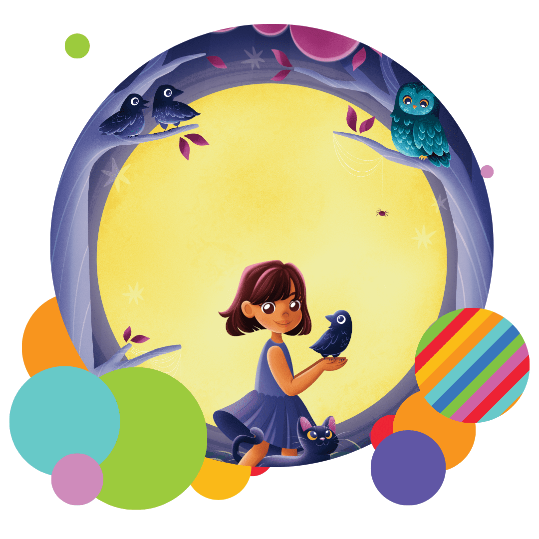 An illustration of a young girl with an owl and a cat