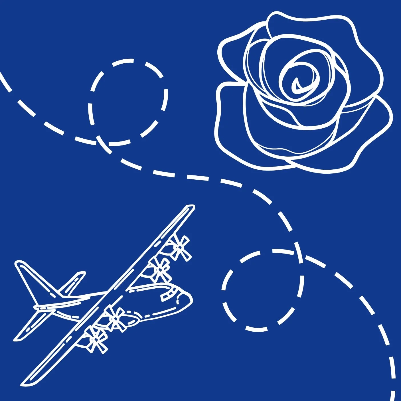 Blue and white illustration of an airplane and a rose