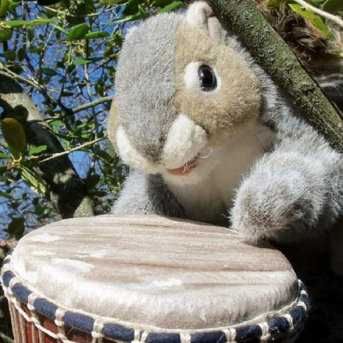 Squirrel puppet plays the drums. 