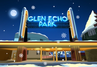 Glen Echo Park neon sign at night in graphic design format with dark blue night sky, moon, stars, and 