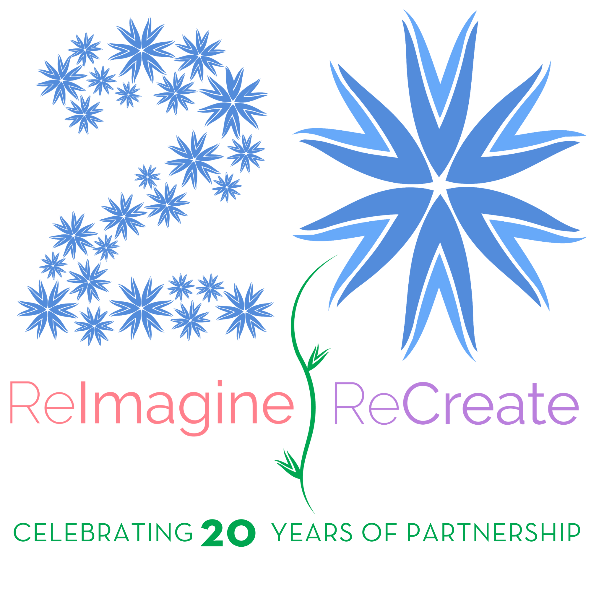 20 year anniversary logo with 20 made out of blue starbursts and colorful text saying ReImagine ReCreate