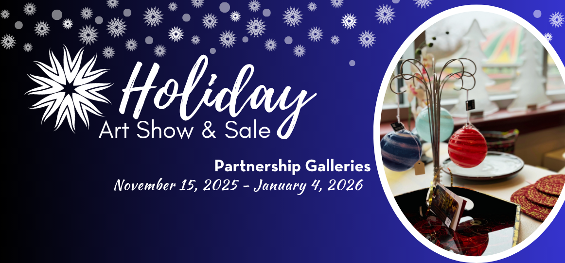 Holiday Art Show text in white + snowflakes and an image of ornaments