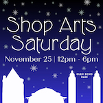 Blue background with white text: Shop Arts Saturday + outline of park buildings in white