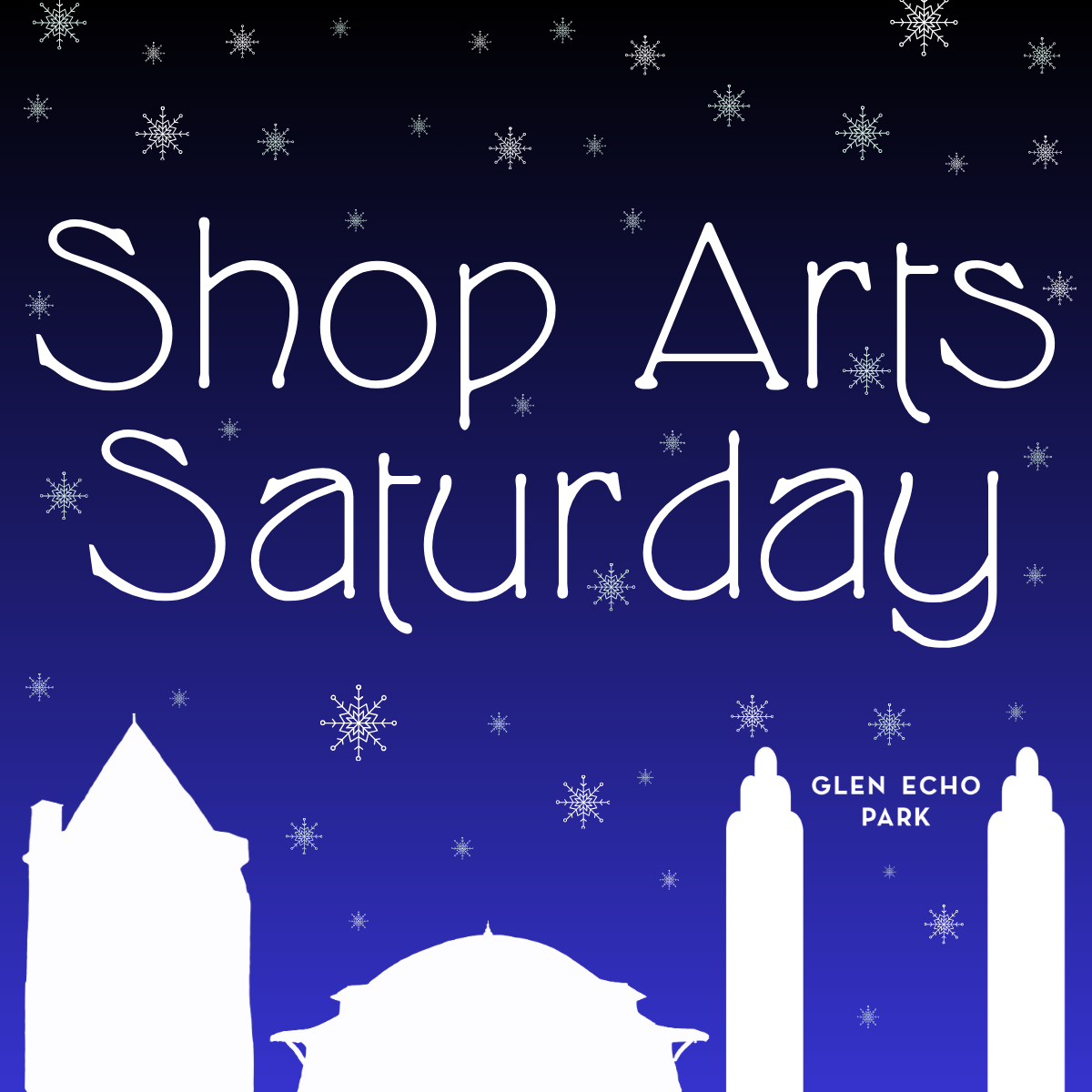 Blue background with white text:Shop Arts Saturday