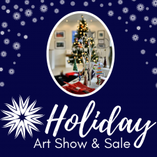 Holiday Art Show text in white + snowflakes and an image of holiday ornaments for sale