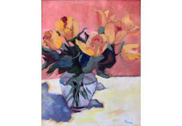 A painting of a vase with flowers