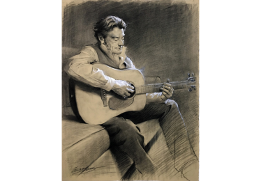 A charcoal drawing of a man playing guitar