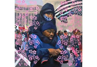 A painting of a child on a parent's shoulders