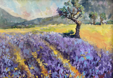 Painting of field of growing lavendar