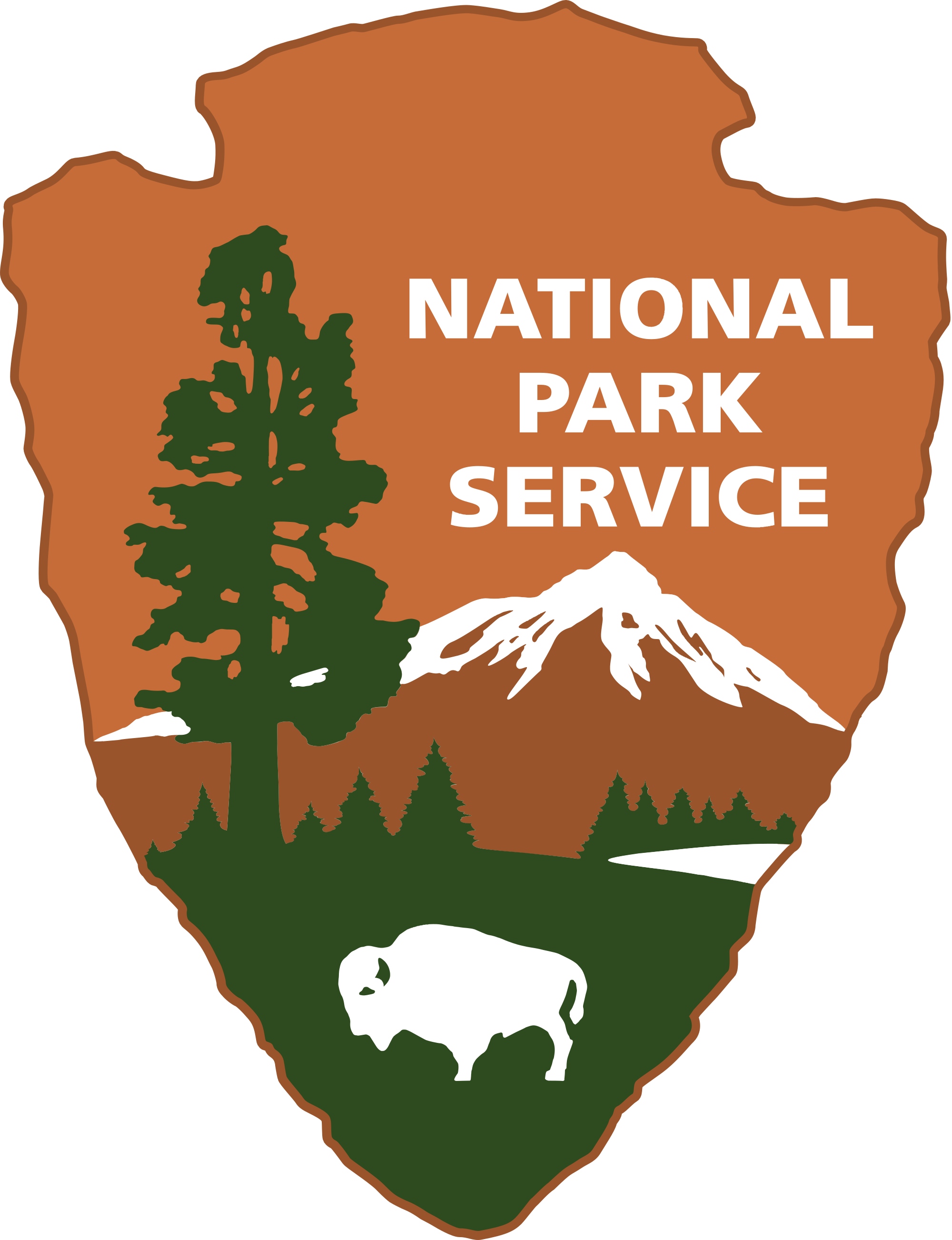 National Park Service logo shaped like a shield with brown background and text