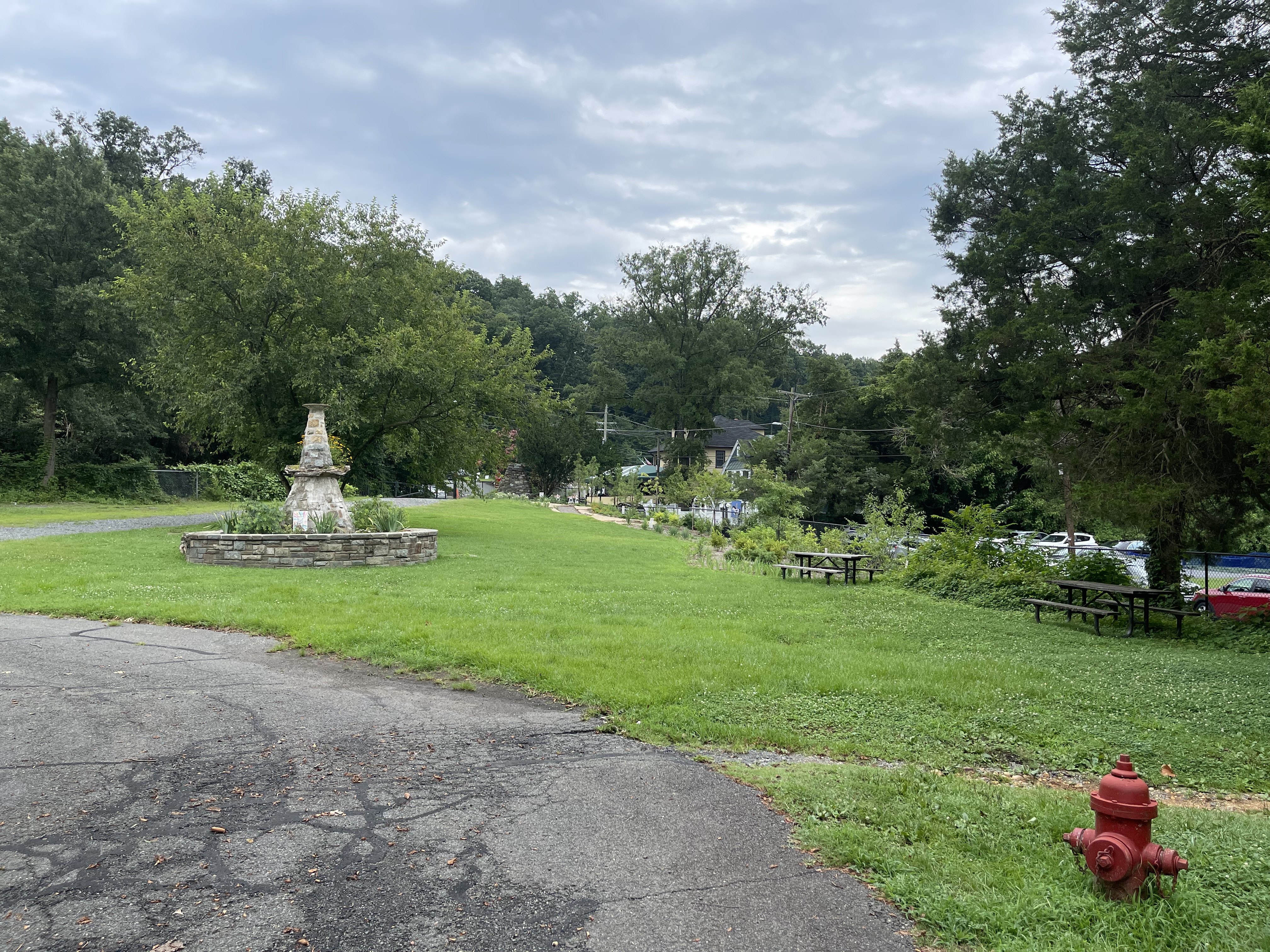 An outdoor space with a fountain