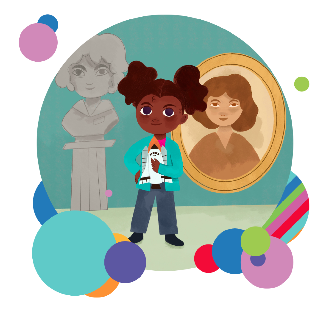 Illustration of Naomi, a fourth grade student, standing in front of women from history