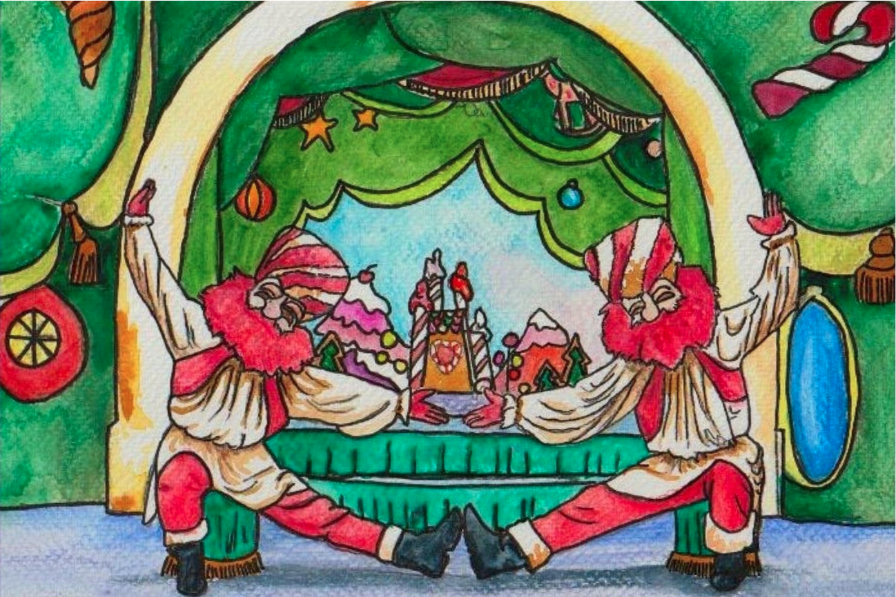 Drawing of two Nutcracker characters dancing.