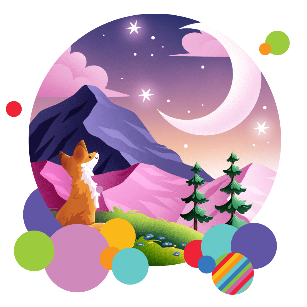 Cartoon of fox looking at moon over appalachian mountains