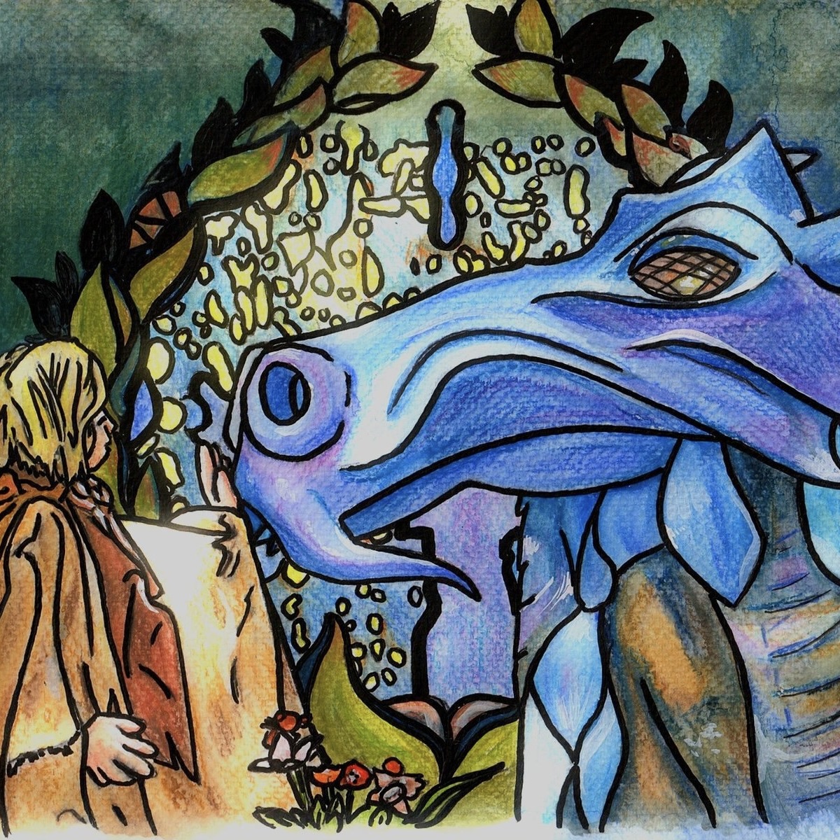 blond girl and blue dragon illustration
