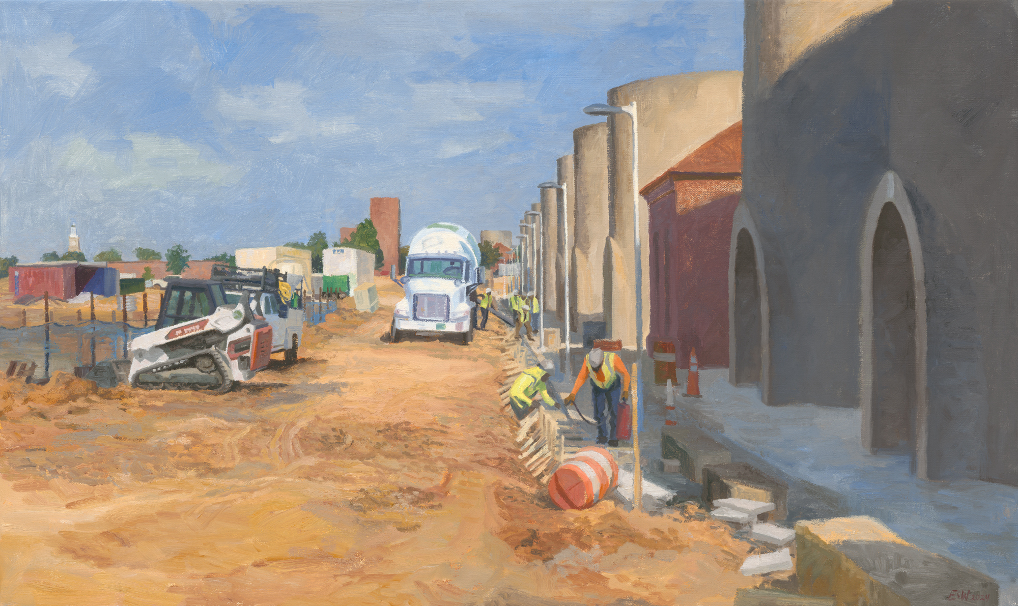 Painting of a concrete mixer with construction workers