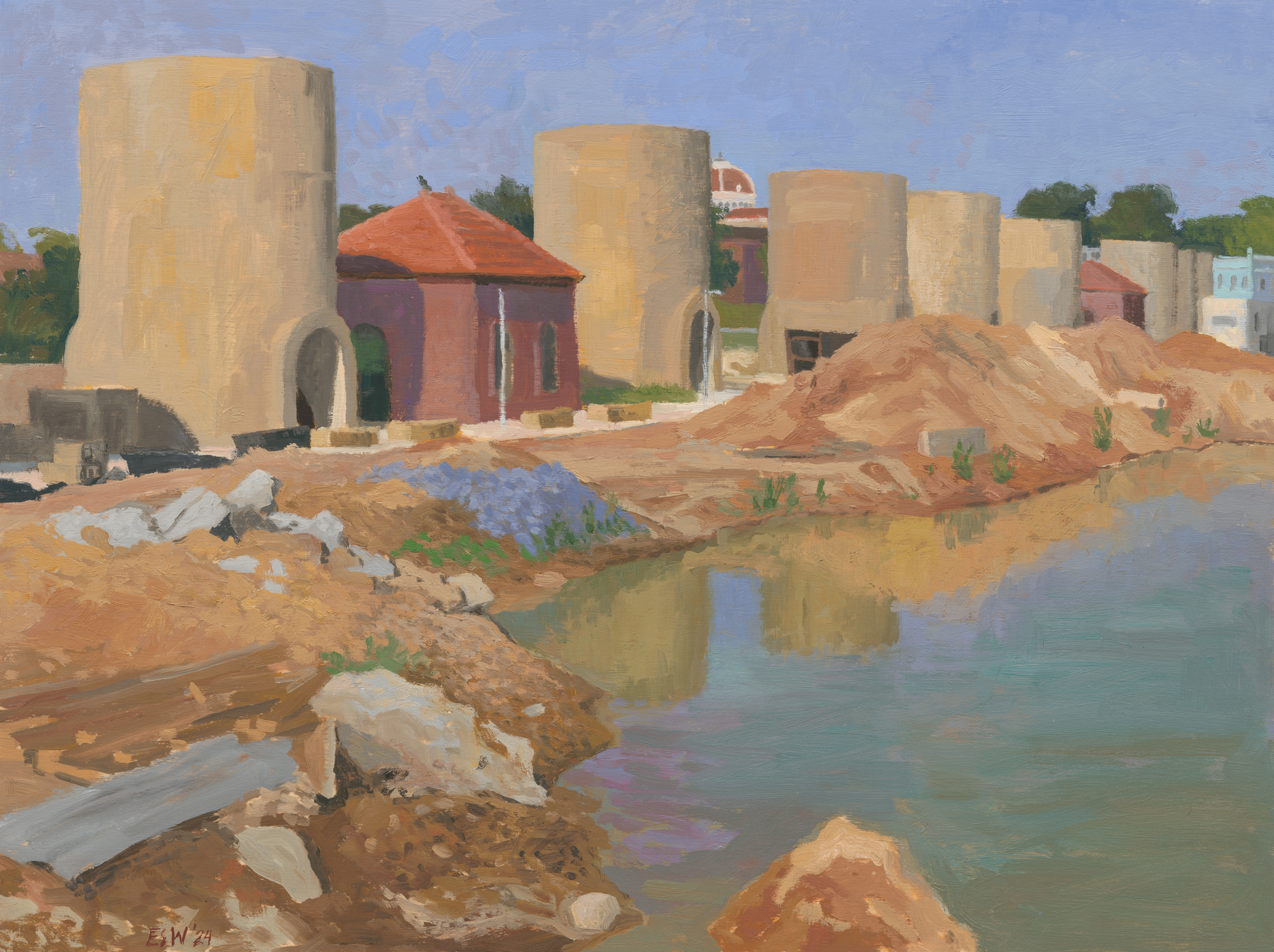 Painting of towers with a pond