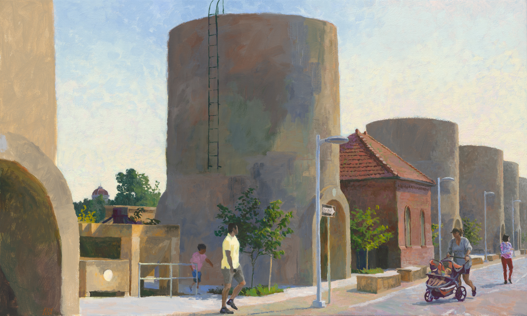 Painting of towers with people walking on a street