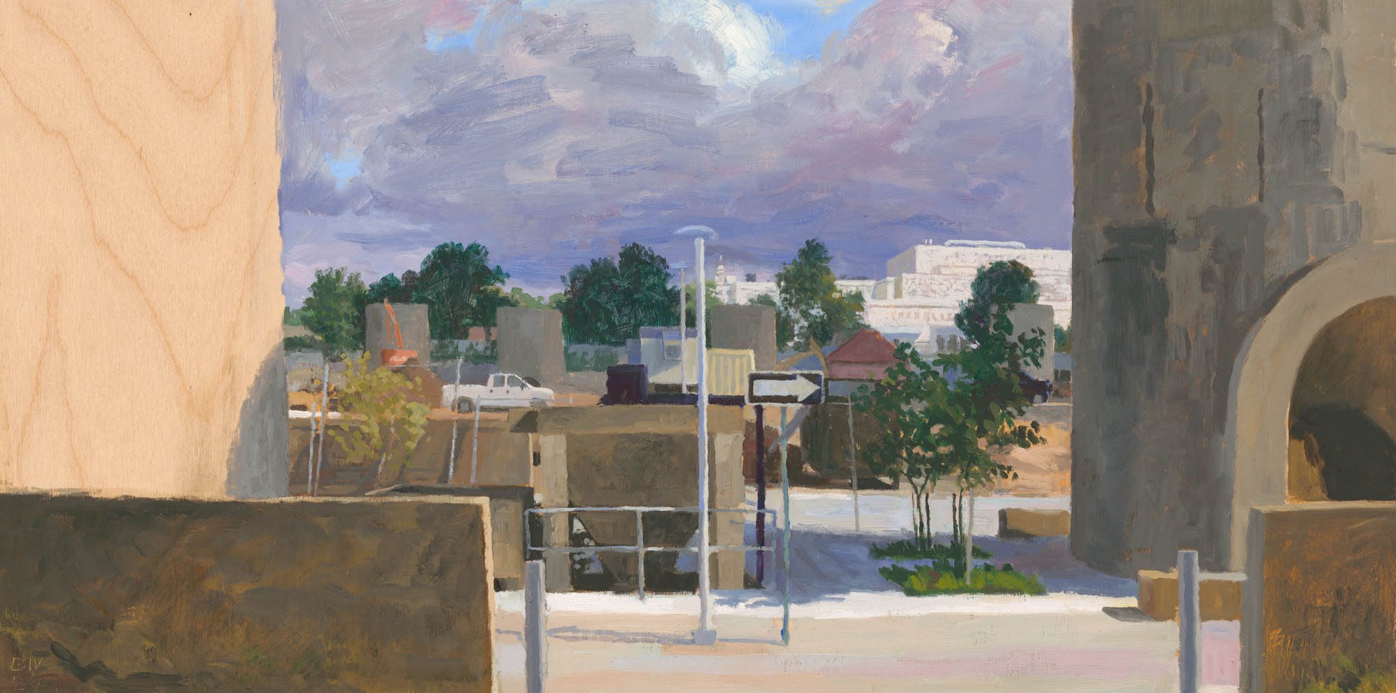 A street view between towers