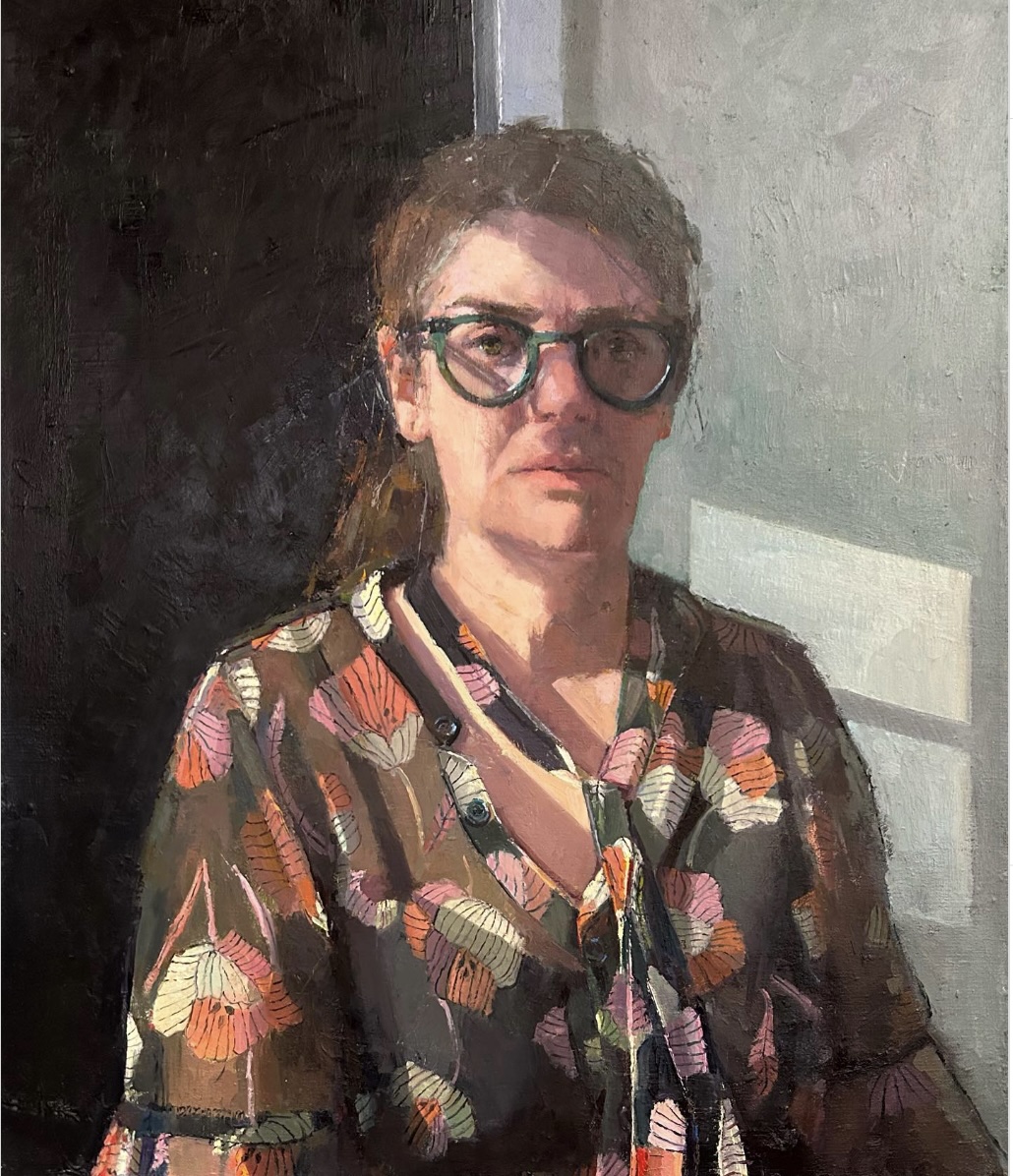 Painting of a woman wearing glasses and a blouse with flowers