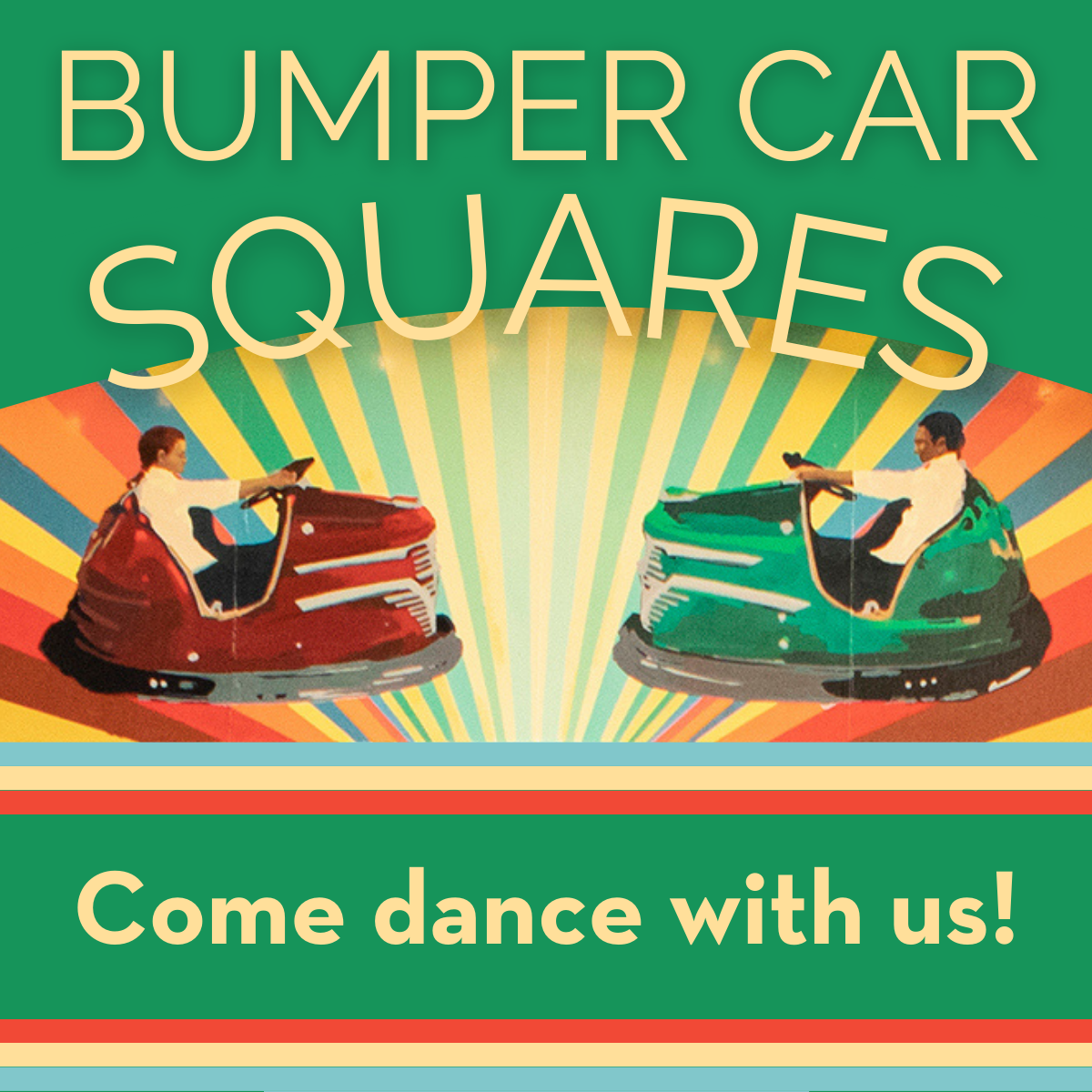 Bumper car mural with text reading "Bumper Car Squares" and "Come dance with us!"