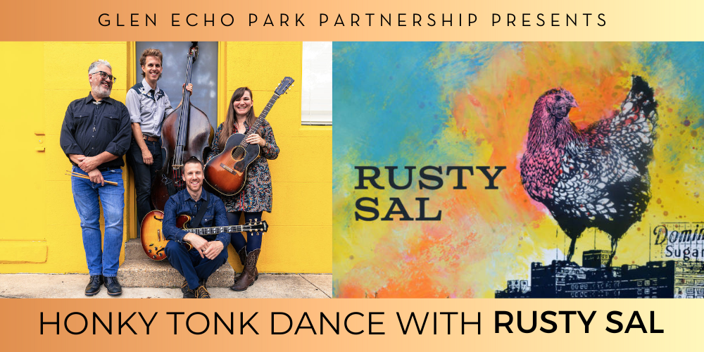 Rusty Sal holds their instruments in front of a yellow brick wall. 