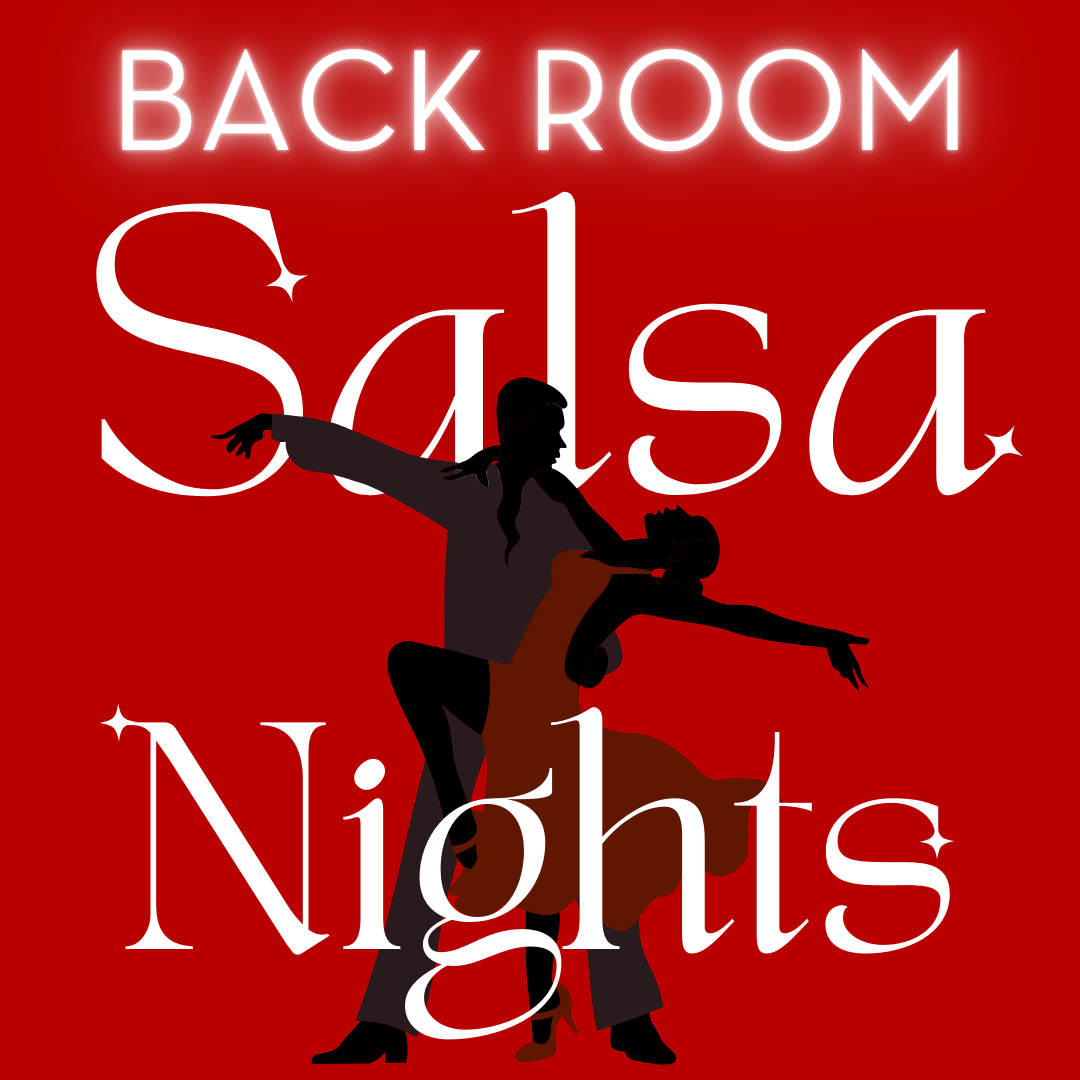 Back Room Salsa Nights red graphic with dancers