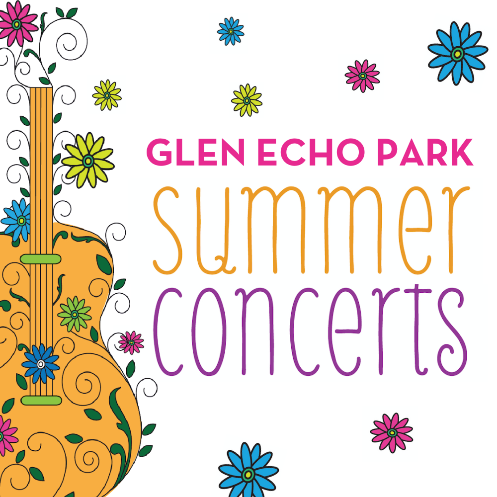 Summer Concerts Graphic with guitar and flowers