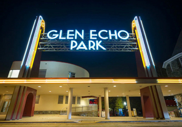 Glen Echo Park neon sign at night with dark blue sky
