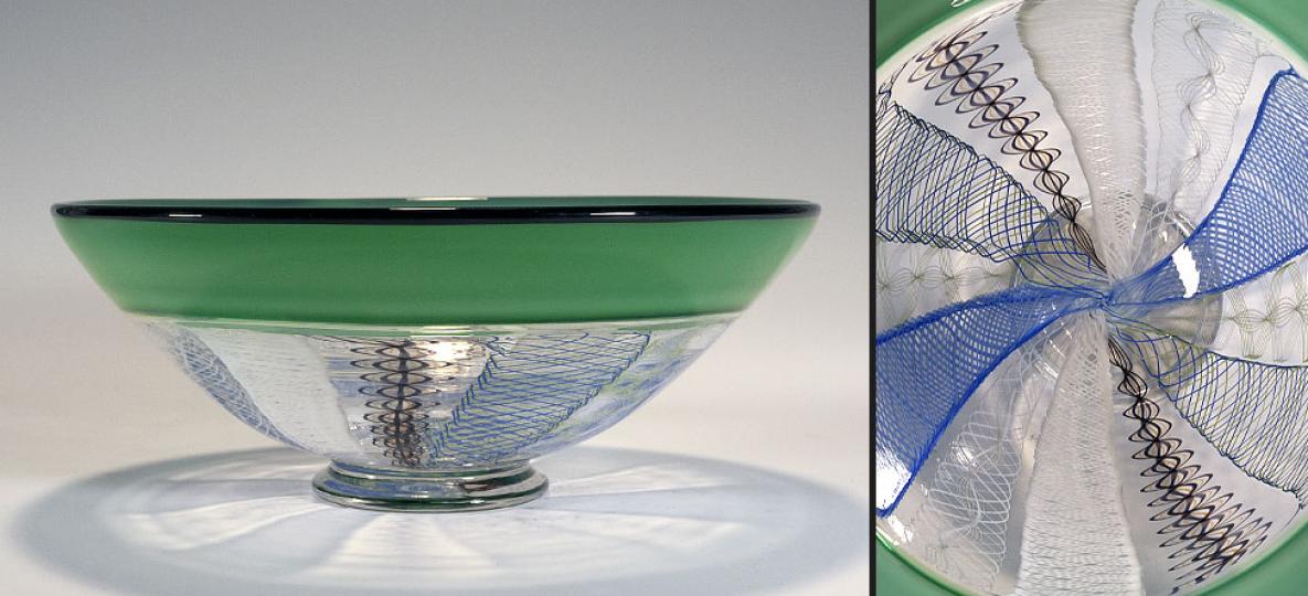 Glassworks art glass bowl with close up of glass pattern in green and blue