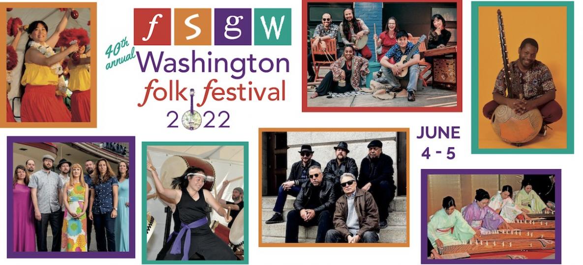 folk festival banner and photo collage with images of bands and festival information