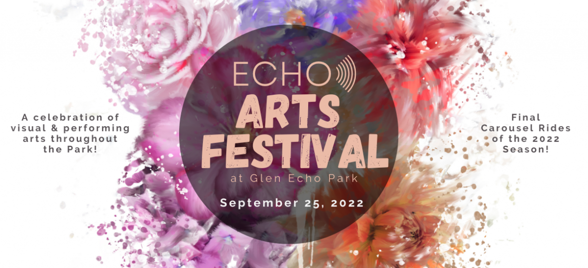 Echo Arts Festival at Glen Echo Park, Sept 25, 2022, Celebration of visual and performing arts in the park, final carousel rides of the season, colorful floral abstract painting in the background