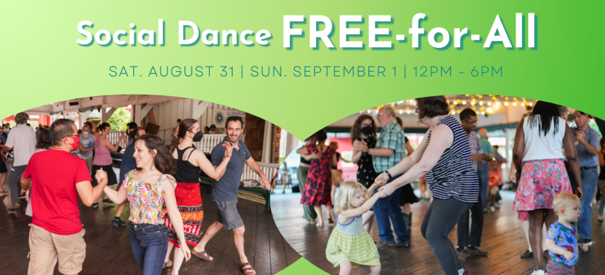 Two images on green background with white text; image of young girl dancing with parent in front of other dancers of all ages; image of two couples dancing