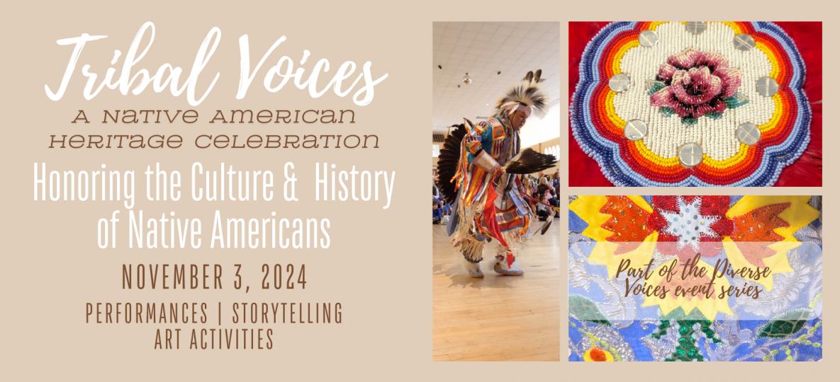 Tribal Voices banner with tan background, white text and featuring three image: Native American dancing with feather headress; Native American beadwork making a rose; Native American textile with multiple colors