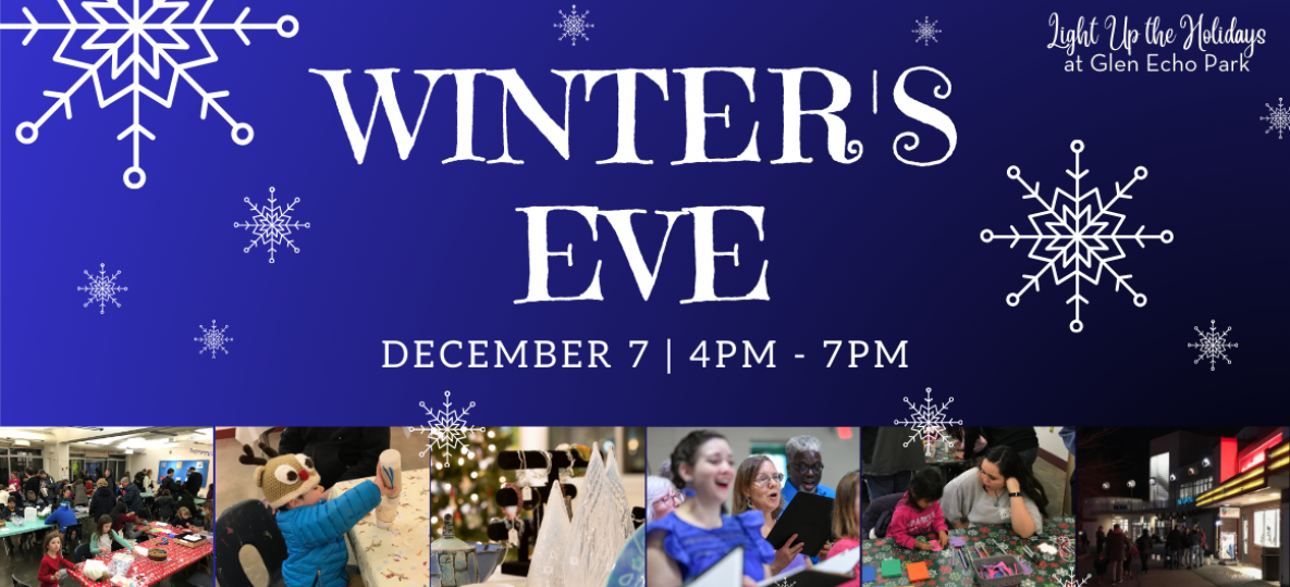 Winter's Eve Text on a blue gradient background with snowflakes and images of crafts & performances.