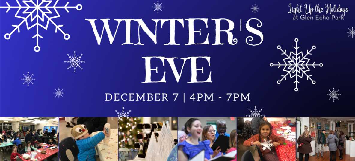 Winter's Eve Text on a blue gradient background with snowflakes and images of crafts & performances.