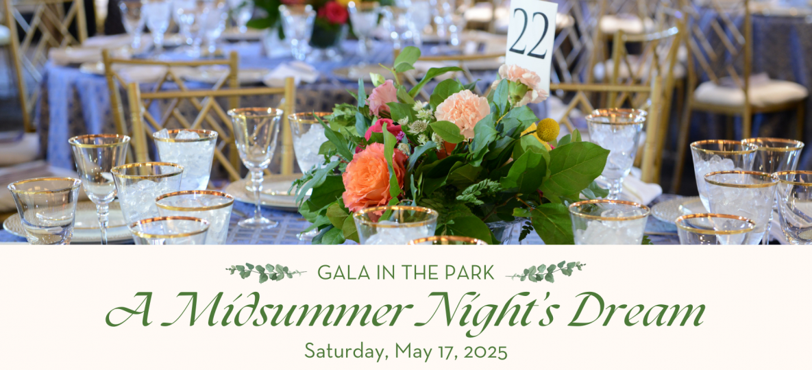 An image of a table with florals and glasses. Green text reads: Gala in the Park, A Midsummer Night's Dream, Saturday, May 17, 2025. 