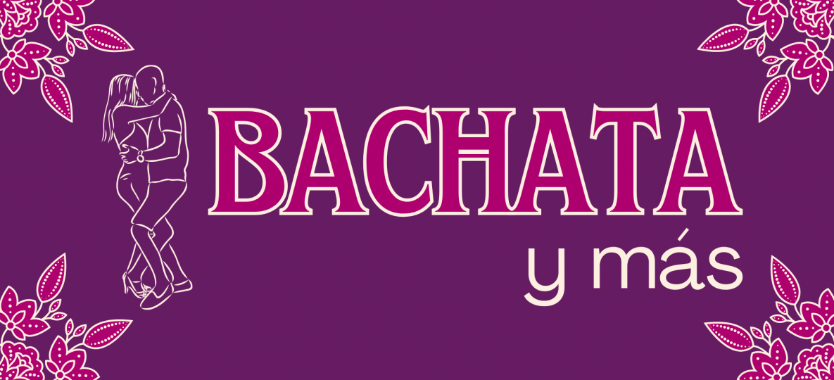 Bachata y mas purple and pink logo with dancers and florals. 