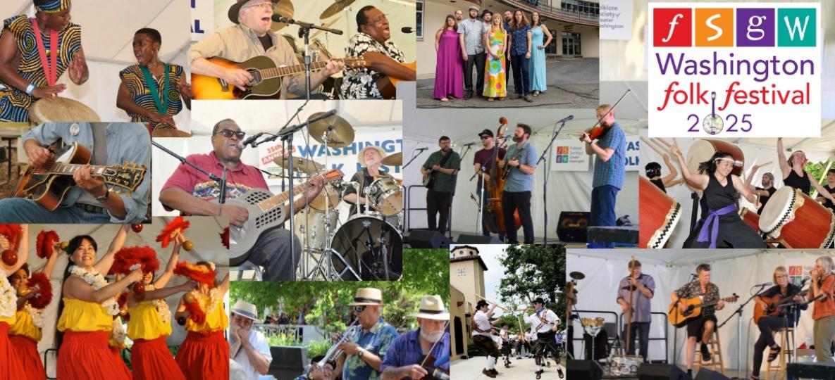 Collage of colorful images of diverse performers at festivals over the past few years - dancers, drummer, singers, etc.