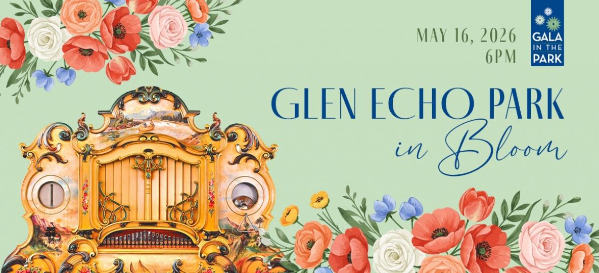 A colorful graphic with flowers and photo of the Park's Wurlitzer band organ and a light green background. Text says Glen Echo Park in Bloom.