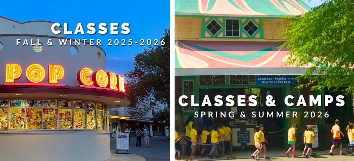 The image is divided down the middle with a white line. On one side a neon sign reads popcorn and text reads Classes Fall & Winter 2025. On the other side are children in yellow t shirts and part of the colorful carousel roof and the text Classes & Camps Summer 2026