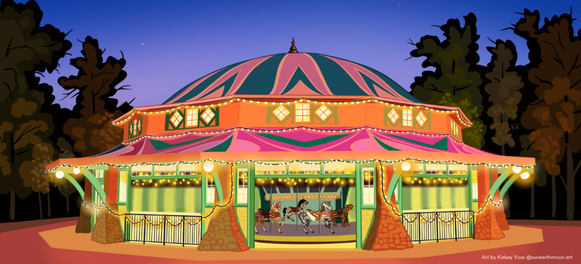 An illustration of a carousel lit up at night