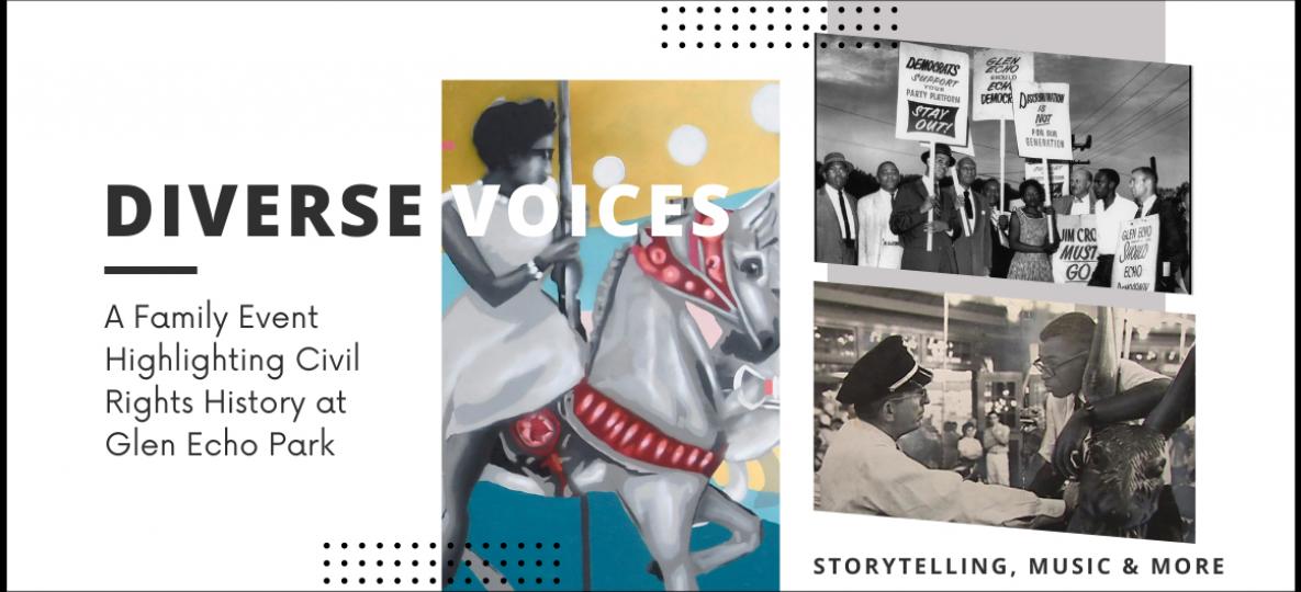 Diverse Voices event graphics with text and an iconic black and white image of a white police officer and a black student on the historic carousel 