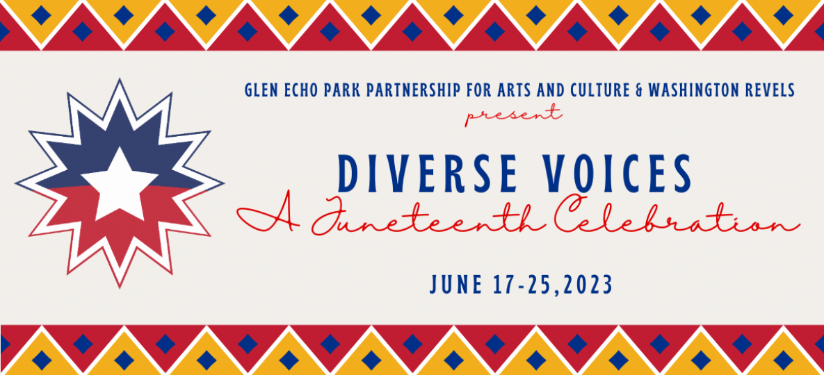 Diverse Voices event graphics with text and an iconic motif from Juneteenth flag