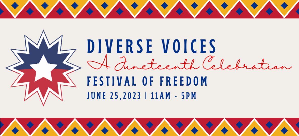 Diverse Voices event graphics with text and an iconic motif from Juneteenth flag